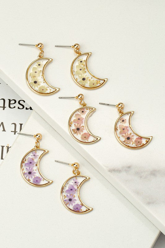 lavender flower earrings MOON SHAPED DRIED FLOWER EARRINGS