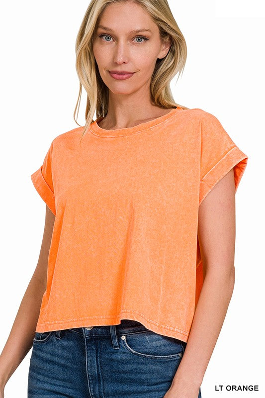VINTAGE WASH CUFFED SHORT SLEEVE TOP - MANGO