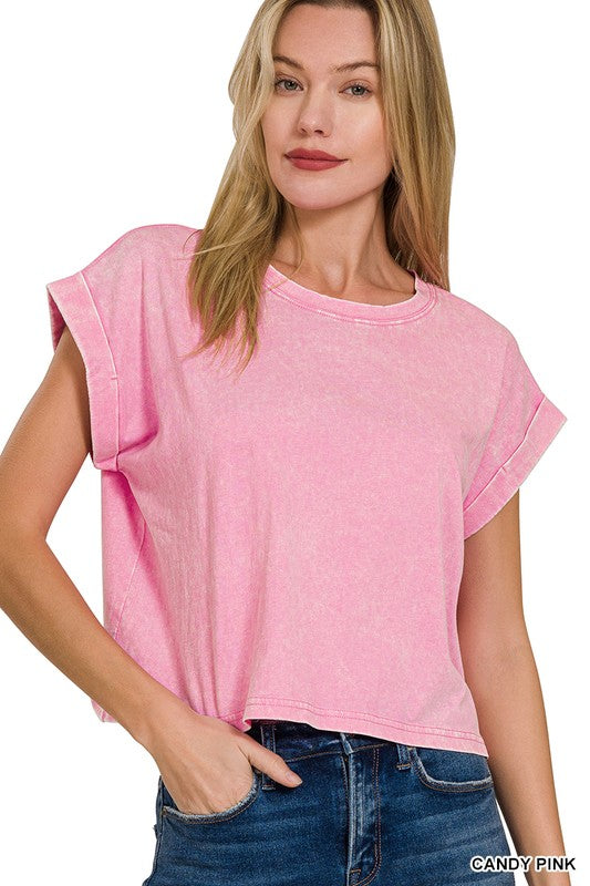 VINTAGE WASH CUFFED SHORT SLEEVE TOP - CANDY PINK