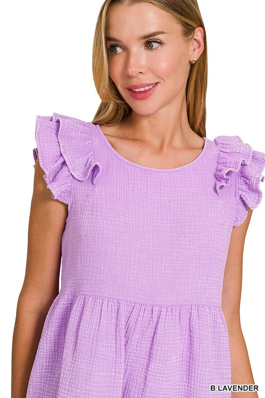 LILY GAUZE RUFFLE PEPLUM TOP - LAVENDER