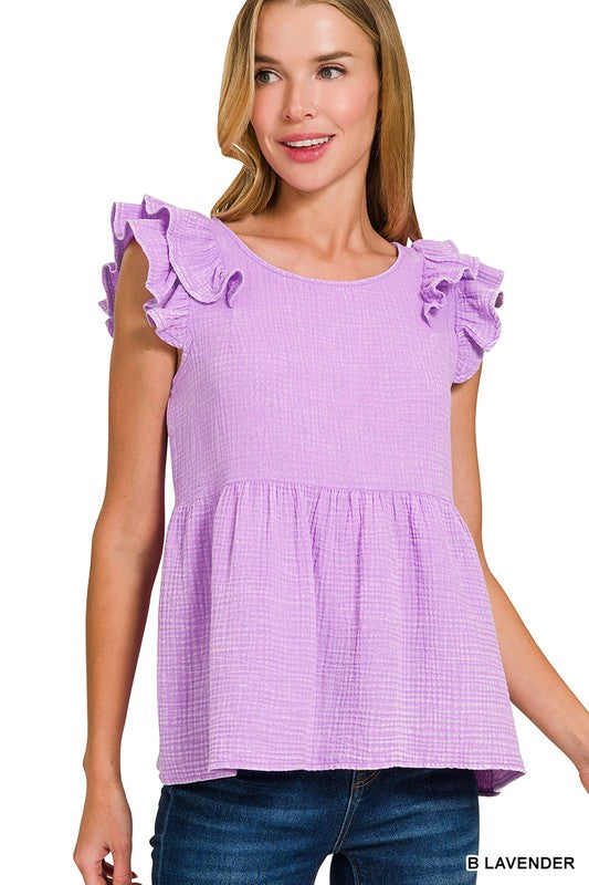 LILY GAUZE RUFFLE PEPLUM TOP - LAVENDER